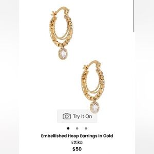 Ettika Gold Textured Hoop Earrings with Crystal Charm